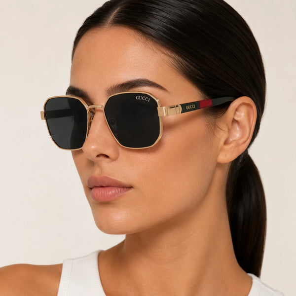 Gucci Oversized Hexagonal Sunglasses — Rose Gold & Web Stripe | Women UAE