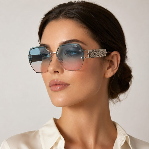 Gucci 2A526 Rimless Hexagonal Sunglasses — Blue Pink Gradient | Women UAE